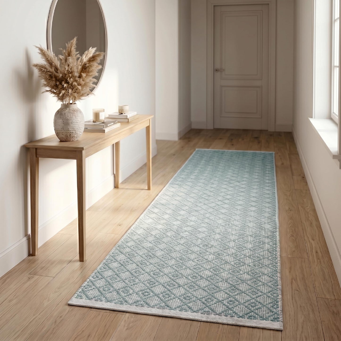 Cotton Diamond Woven Runner Rug 2x6 Feet - Spa Grey, Anti Slip Farmhouse Geomatric Home Patio Décor Runners Ideal for Hallways, Office, Kitchen | Soft Washable Bedroom Space Decorative Floor Boho Mats