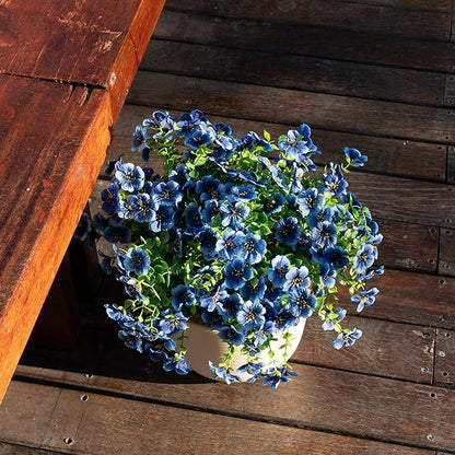 Outdoor Artificial Flowers, 8 Bundles Fake Flowers Autumn Decoration, No Fade Faux Plastic Shrubs for Garden Patio Porch Window Box Decor (Blue)
