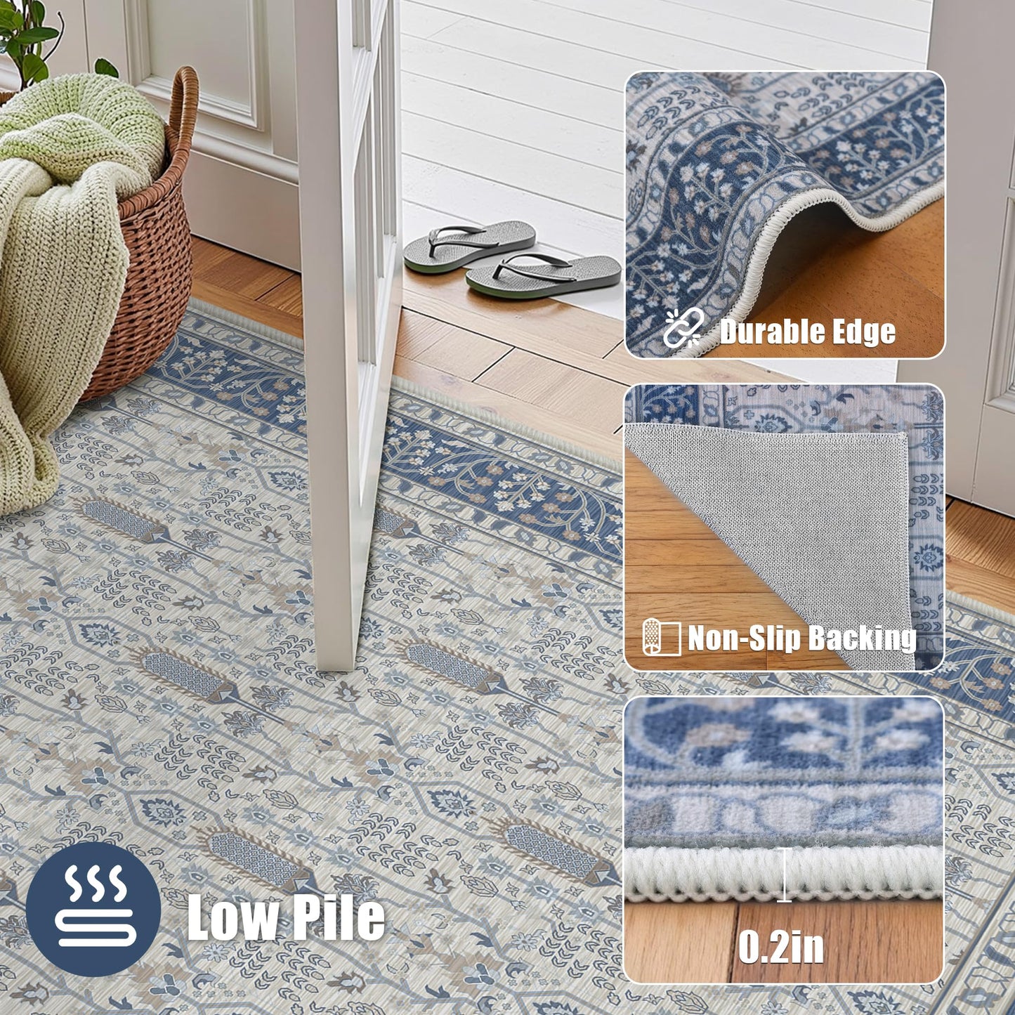 Deerly 5x7 Area Rugs Living Room, Low Pile Ultra Soft Rugs with Non-Slip Backing Machine Washable Vinatge Boho Carpet for Bedroom Playroom Nurseryroom, Kid & Pet Friendly Print Floor Blue Rug 5x7ft