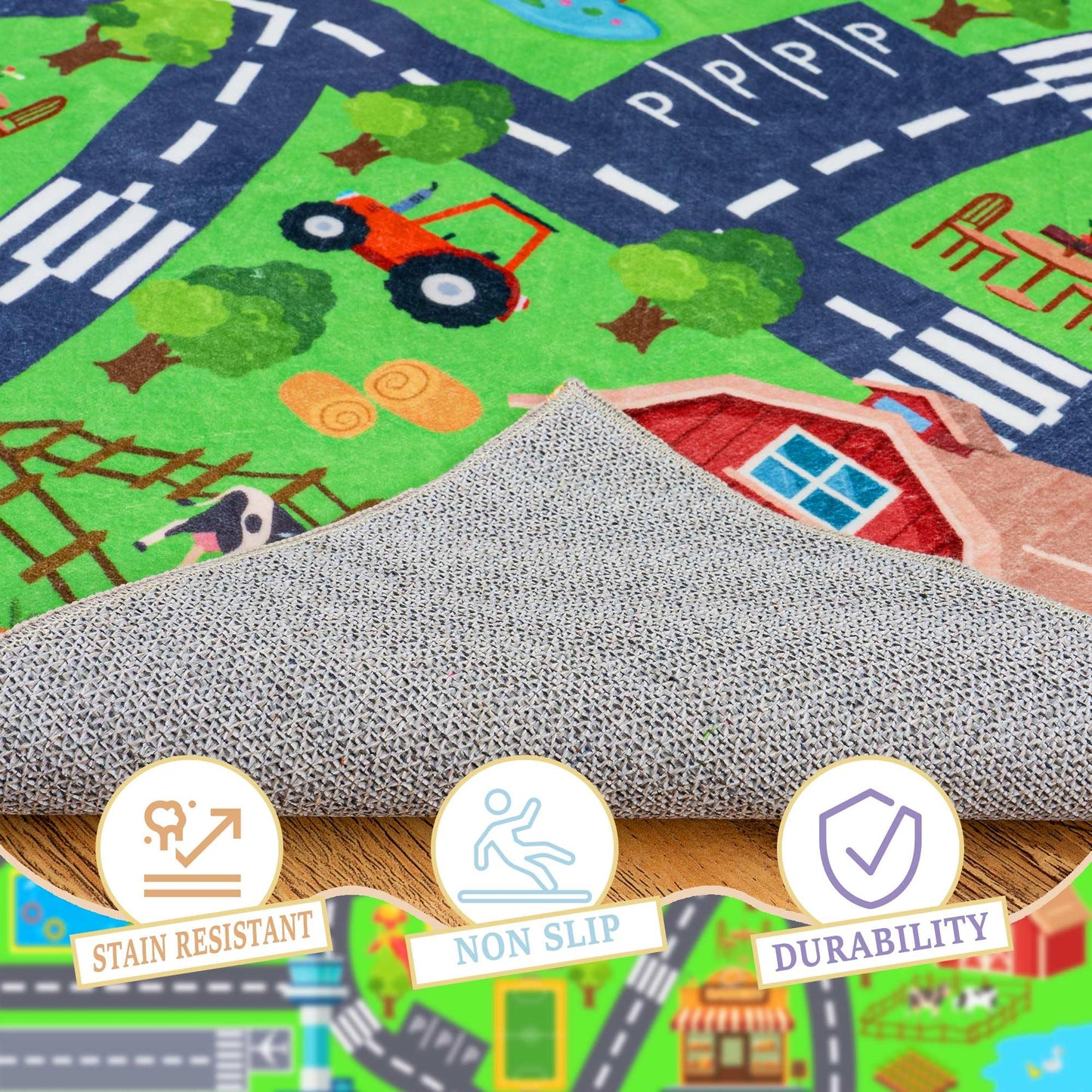 Kids Room Rug - Soft & Non-Slip 4x5 Ft Town Car Rugs City Map Play Mat, Childrens Road Carpet Washable Playmat for Classroom Nursery Bedroom Boys