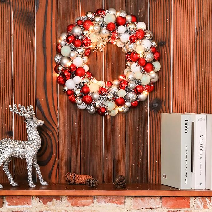 Amooca 16in Christmas Ball Wreath with LED Lights Front Door Window Decorative Hanging Ornaments Table Centerpiece Holiday Party Home Decoration Red White Silver