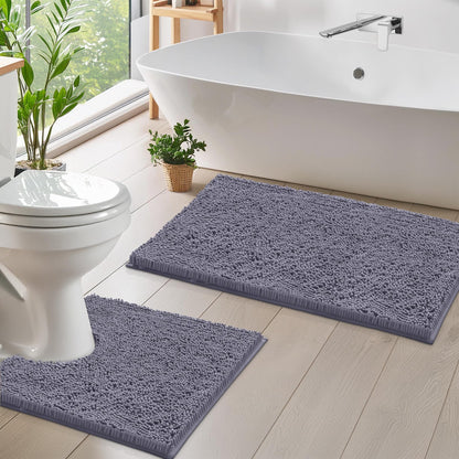 LuxUrux Bathroom Mats 2 Piece Set, Bathroom Rug Set, Soft Absorbent Chenille Bath Mat & Contour Toilet Rug, Non Slip, Quick Dry, Machine Washable Shaggy Bathroom Mats (Gray, 20"x30"+20"x20" U-Shaped)
