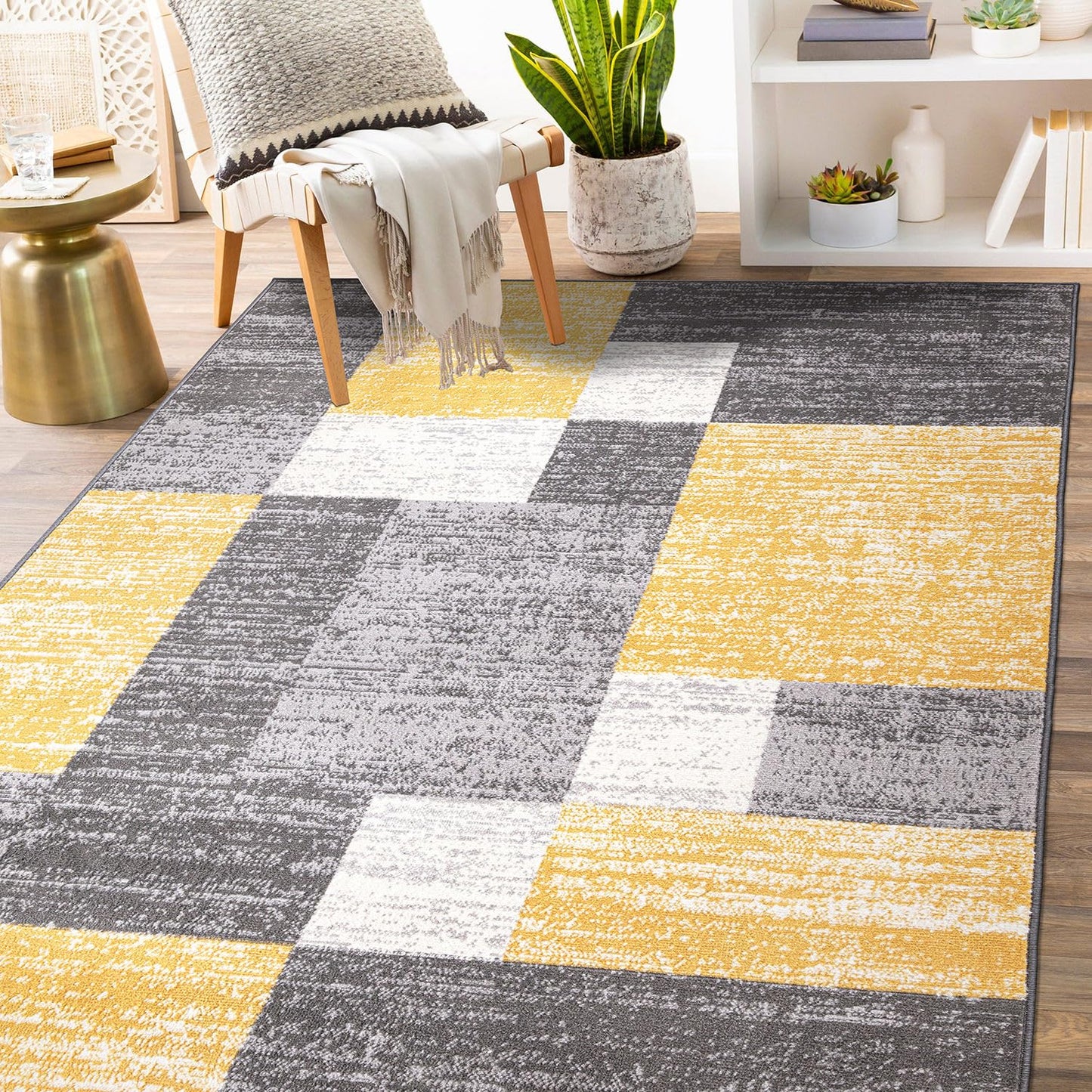 Rugshop Oslo Modern Yellow Area Rug, Geometric Boxes Design, Non-Shedding Carpet for Living Room or Bedroom, 5' x 7'