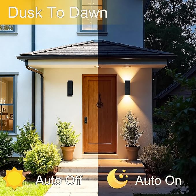 Motion Sensor Outdoor Wall Lights, Dusk to Dawn Porch & Patio Sconce with E26 Dimmable LED Bulbs, Black Aluminum Up & Down Exterior Light Fixtures for Garage, Front Door, ETL Listed