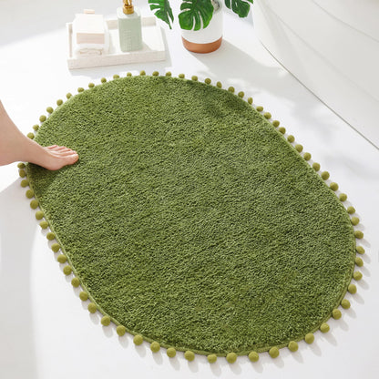 YIRDDEO Bath Mat Olive Green Oval Rug with Pom Bathroom Rugs for Bedroom Non Slip Cute Boho Absorbent Mats Soft Plush Washable Rug (24x36 inches)