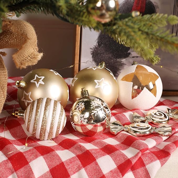 Alupssuc 65pcs Christmas Balls Ornaments Set, Shatterproof Plastic Baubles Gingerbread House, and Tree Topper for Xmas Tree Holiday Wedding Party Decorations with Hanging Strings, Gold & White
