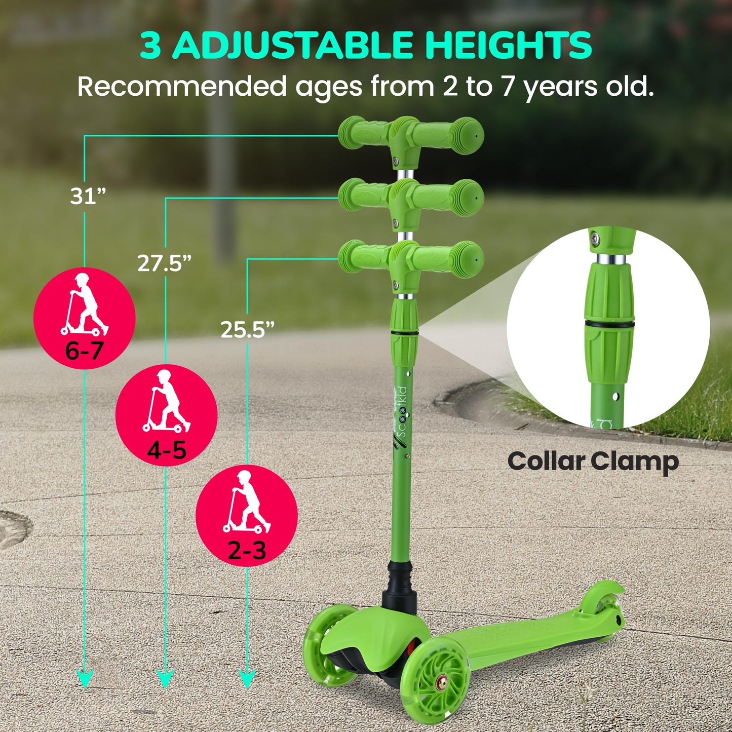Hurtle Toddler Scooter, Adjustable Micro Scooter for Ages 2-5, Lightweight Kids 3 Wheel Design with LED Light-Up Wheels, Anti-Slip Deck & Lean-to-Steer Control, Indoor/Outdoor Use (Green)