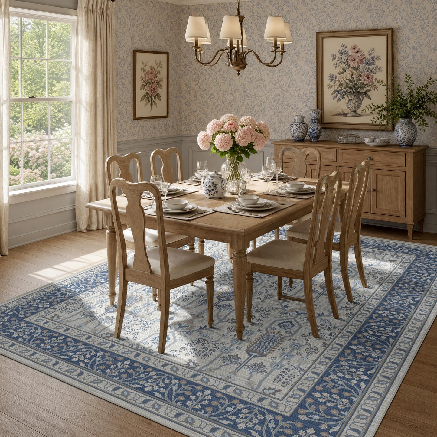 Deerly 5x7 Area Rugs Living Room, Low Pile Ultra Soft Rugs with Non-Slip Backing Machine Washable Vinatge Boho Carpet for Bedroom Playroom Nurseryroom, Kid & Pet Friendly Print Floor Blue Rug 5x7ft