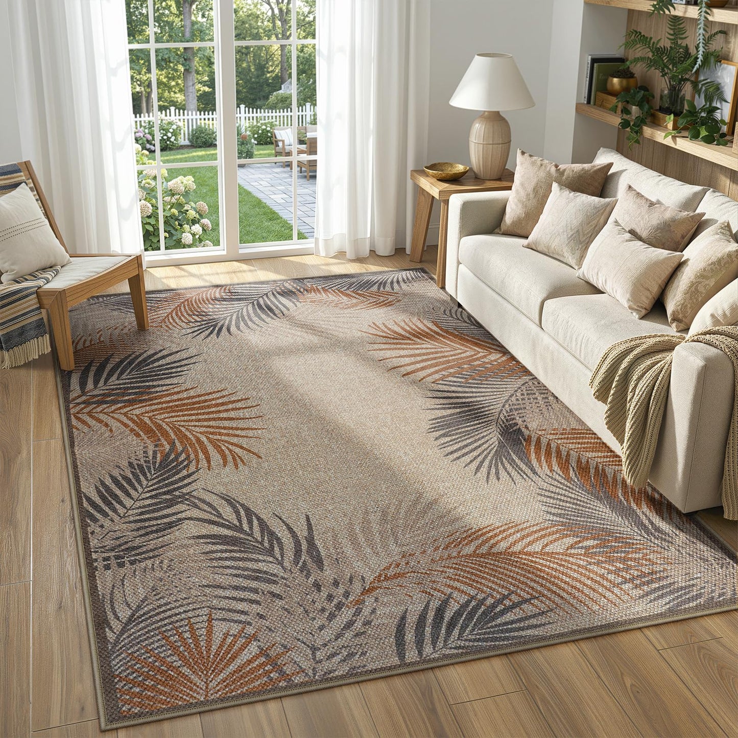 LIVEBOX Modern Easy Jute 5x7 Outdoor Rug, Washable Area Rugs for Living Room Patio Tropical Leaf Indoor Outdoor Rug, Boho Farmhouse Non Slip Carpet for Backyard Foyer Dining Room(Beige, 5'x7')