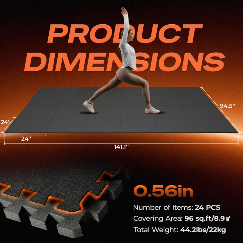 SUPERJARE 0.56'' Thick 24 Pcs 96 Sq Ft Rubber Top Exercise Equipment Mats, High Density EVA Foam Mats with Rubber Top, Interlocking Gym Flooring for Home Gym, Protective Workout Mat, Black