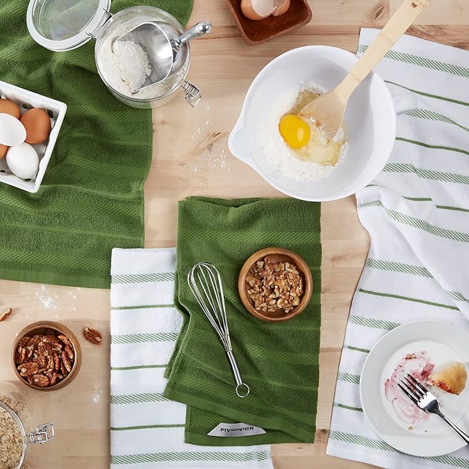 KitchenAid Albany Kitchen Towel 4-Pack Set, Matcha Green/White