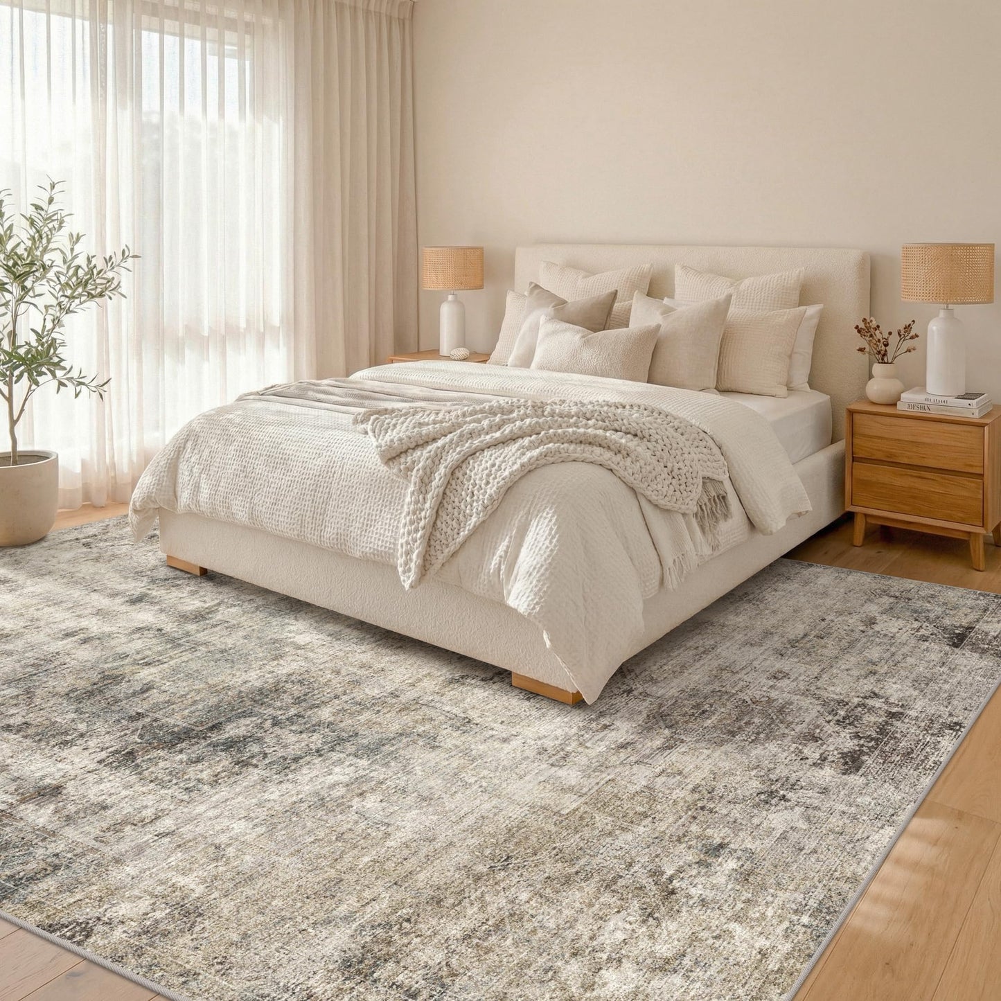 Farmhouse 8x10 Washable Area Rugs for Living Room, Neutral Taupe Brown Abstract Rug for Dining Room and Bedroom, Soft Foldable Low Pile Carpet, Stain Resistant Non-Slip Backing