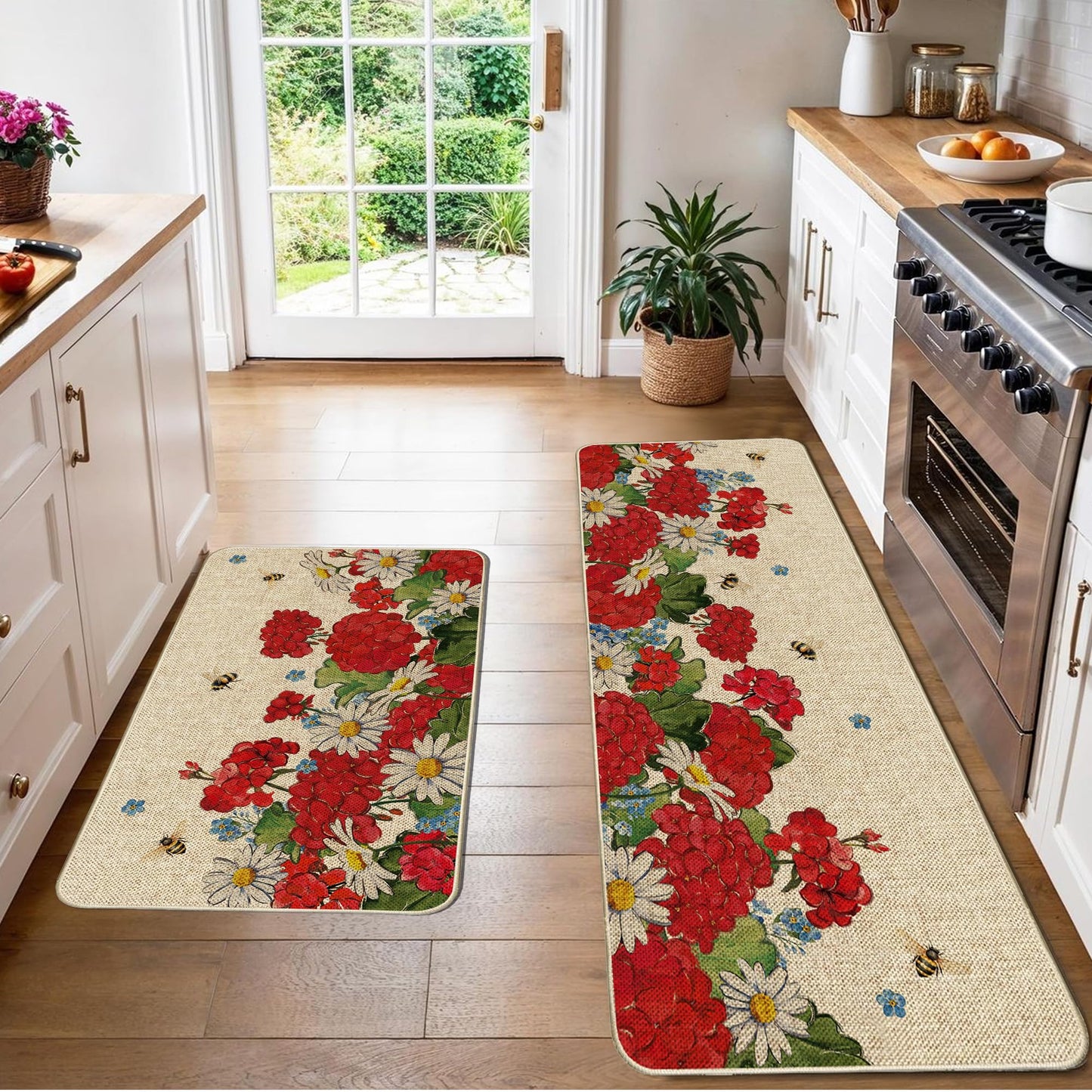 Tikeciti Spring Summer Red Geranium Kitchen Mats Set of 2, Bee and Flower Kitchen Rugs Seasonal Vibrant Daisy Holiday Floor Non-Slip Low Profile Mat Farmhouse Home Decor 17x29 and 17x47 Inch