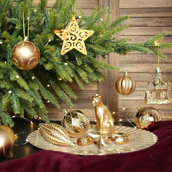 SHareconn 145pcs Christmas Balls Ornaments Set, Shatterproof Plastic Baubles Snowflakes, Stars and Tree Topper for Xmas Tree Holiday Wedding Party Decorations with Hanging Strings, Bronze Gold