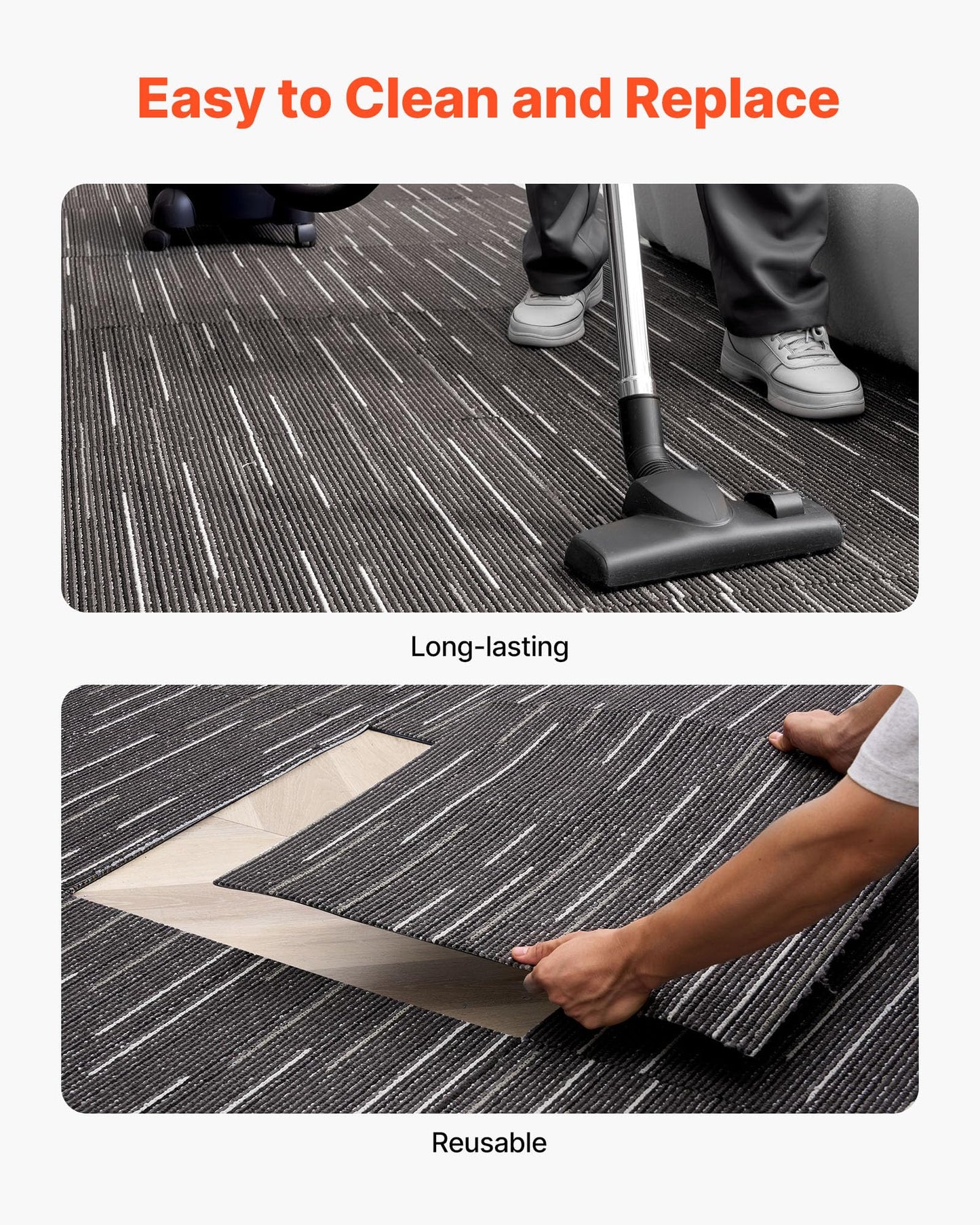 VEVOR Carpet Tiles Reusable 24x24 inch, 24 PCS Modular Carpet Square Rug, Commercial Floor Soft Padded for Seamless Cover 96sq.ft, Easy DIY Replacement for Living Room Bedroom Office Indoor,Gray