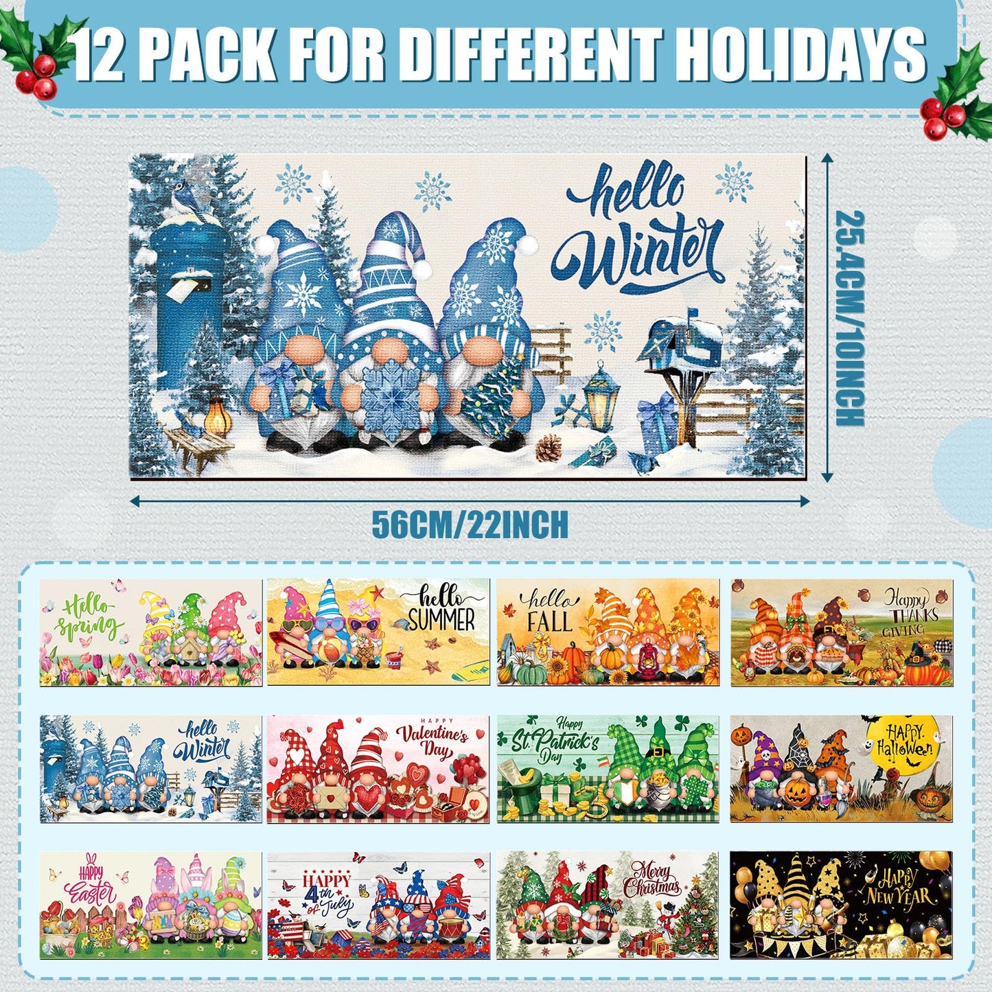 Tinideya 12 Pcs Seasonal Welcome Doormats 10 x 22 Inches Cute Seasonal Summer Independence Day Fall Doormats Decorative Festival Indoor Outdoor Non Slip Mats for All Holidays(Gnome Style)