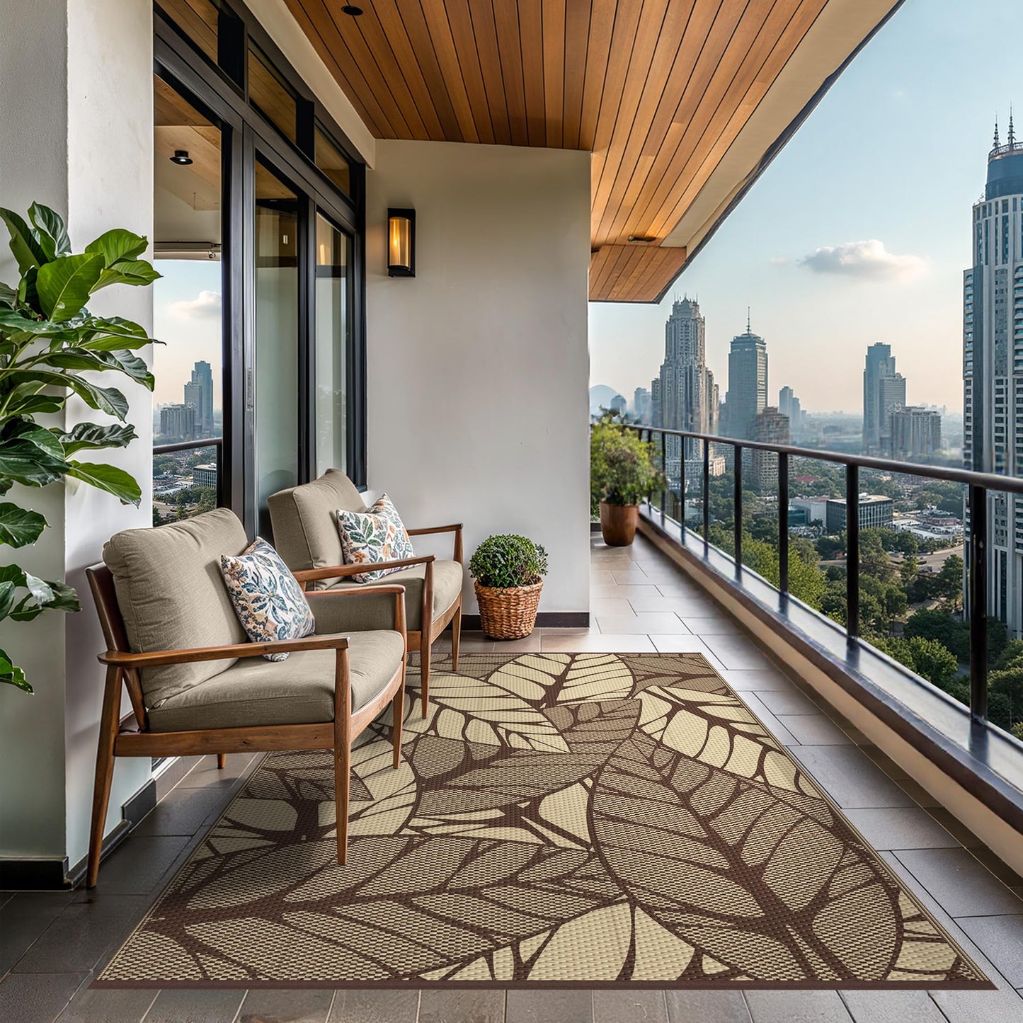 GENIMO Outdoor Rug 6' x 9' Waterproof for Patio Clearance, Reversible Plastic Straw Camping Carpet, Lightweight Mat for Rv, Camper, Deck, Porch, Picnic, Balcony, Beach,Dark Coffee & Beige