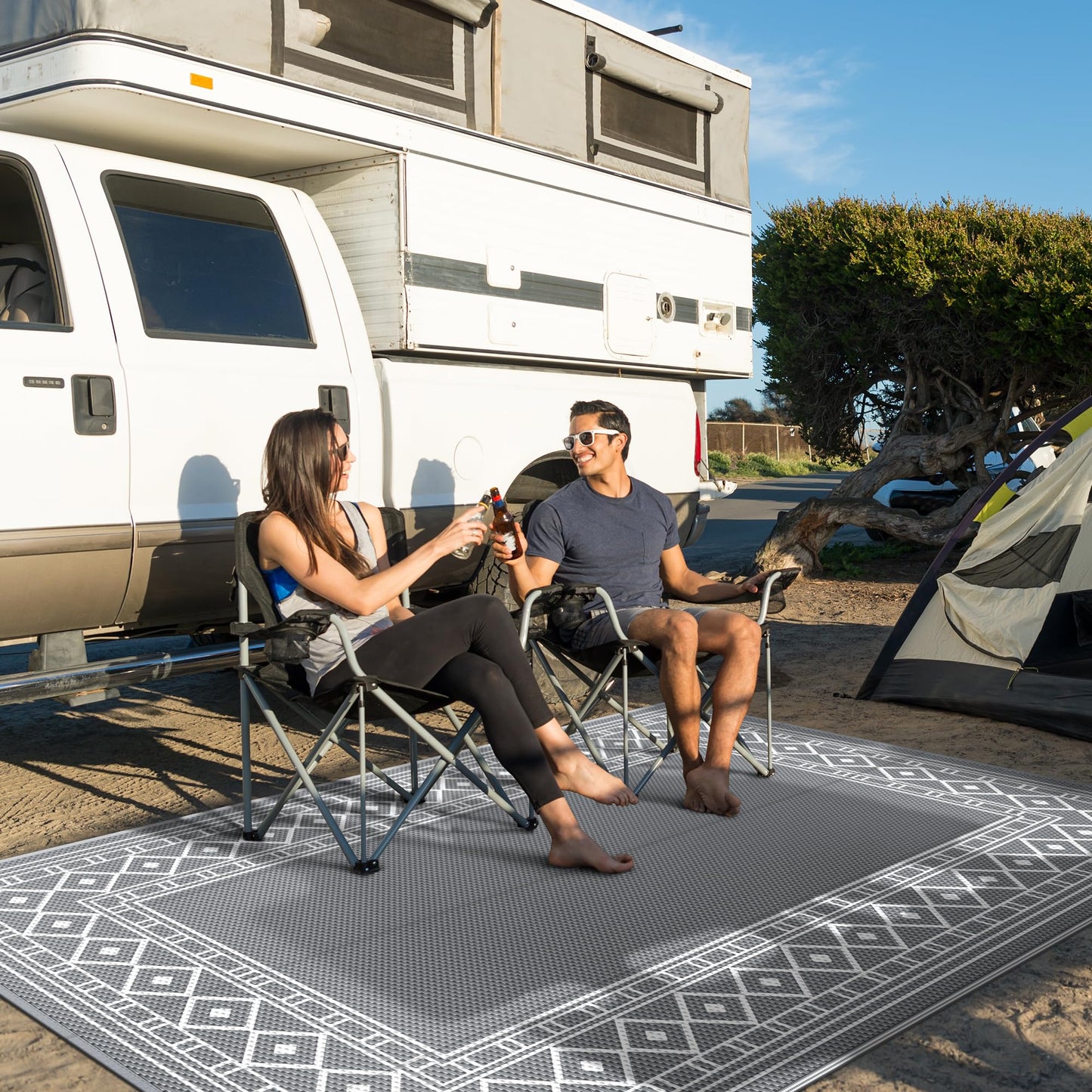 GENIMO Outdoor Rug Waterproof for Patio Decor, 5'x8' Reversible Plastic Straw Area Carpet, Camping Outside Mat for Outdoor, RV, Deck, Camper, Balcony,Picnic Grey & White