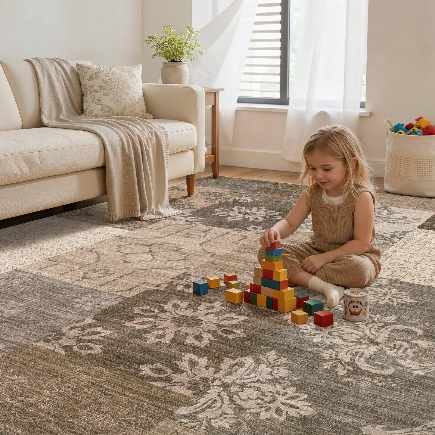 UERMEI 6x9 Area Rug for Living Room, Washable Brown Modern Geometric Patchwork Non Slip Stain Resistant Low Pile Foldable Carpet for Bedroom Dining Farmhouse Home Office