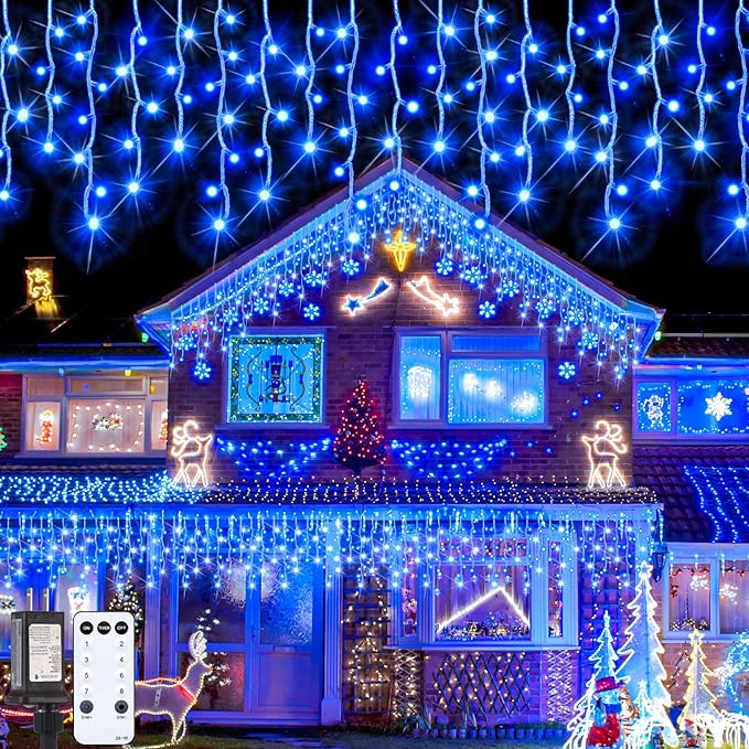 132Ft 1280 LED Christmas Icicle Lights Extra Long 8 Modes Waterproof Icicle String Lights with 240 Drops, Fairy Hanging Lights Decor with Remote for Xmas Wedding Indoor Outdoor(Blue)