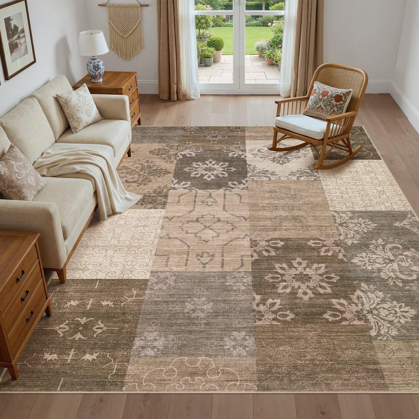 UERMEI 6x9 Area Rug for Living Room, Washable Brown Modern Geometric Patchwork Non Slip Stain Resistant Low Pile Foldable Carpet for Bedroom Dining Farmhouse Home Office
