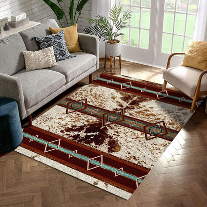 Combo Southwest Faux Cowhide Area Rug and 4 Pcs Non-Slip Rug Tape for Living Room, Bedroom, Southwestern Area Rugs, Native American Rug, Geometric Western Rugs, Aztec Tribal Rugs Home Decor 5x8 ft