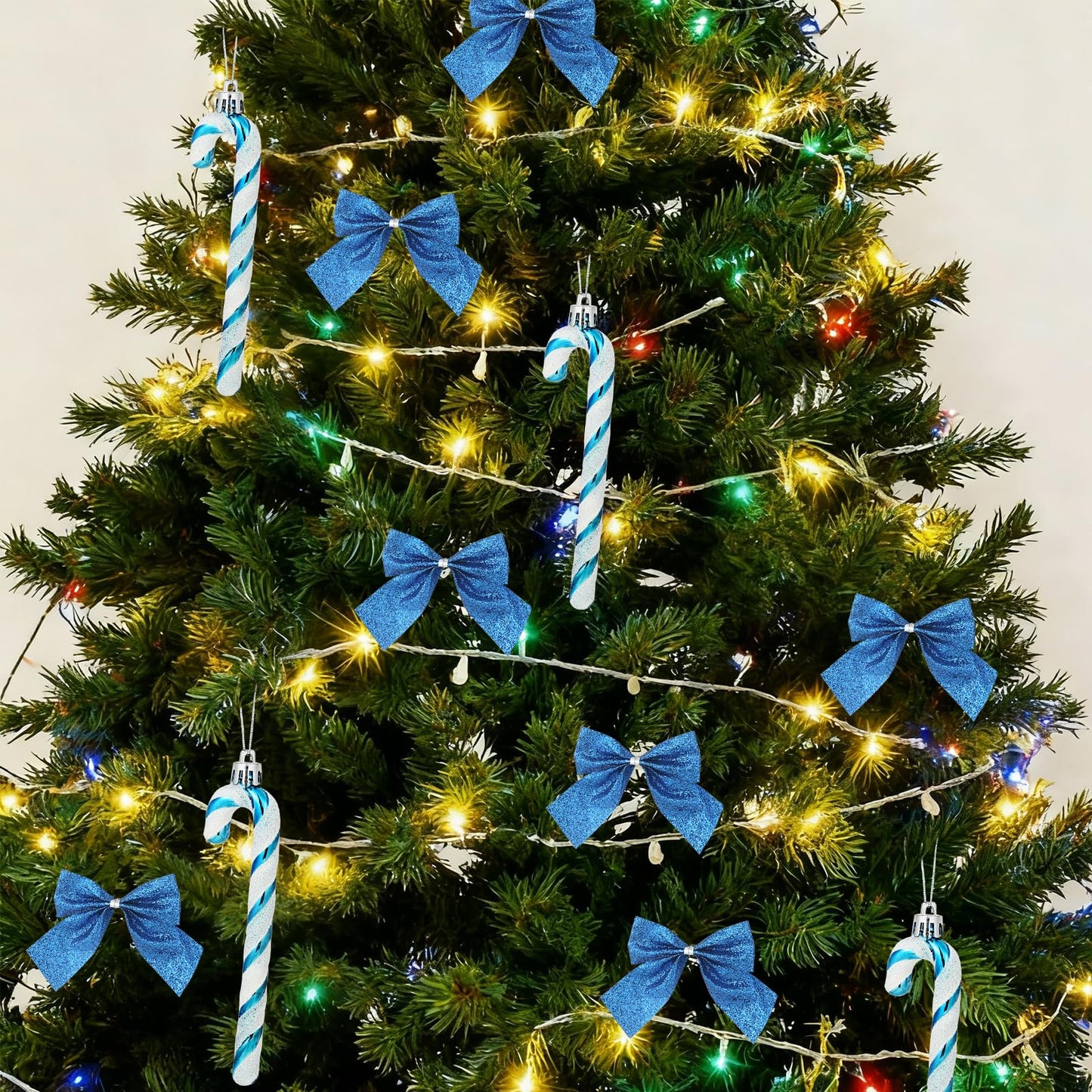 FYFLED Candy Cane Christmas Tree Decorations - 12 Pcs Candy Cane Ornaments for Tree, Glitter Candy Cane Bows for Xmas Tree Hanging Ornament Festival Party Home Decor, Blue