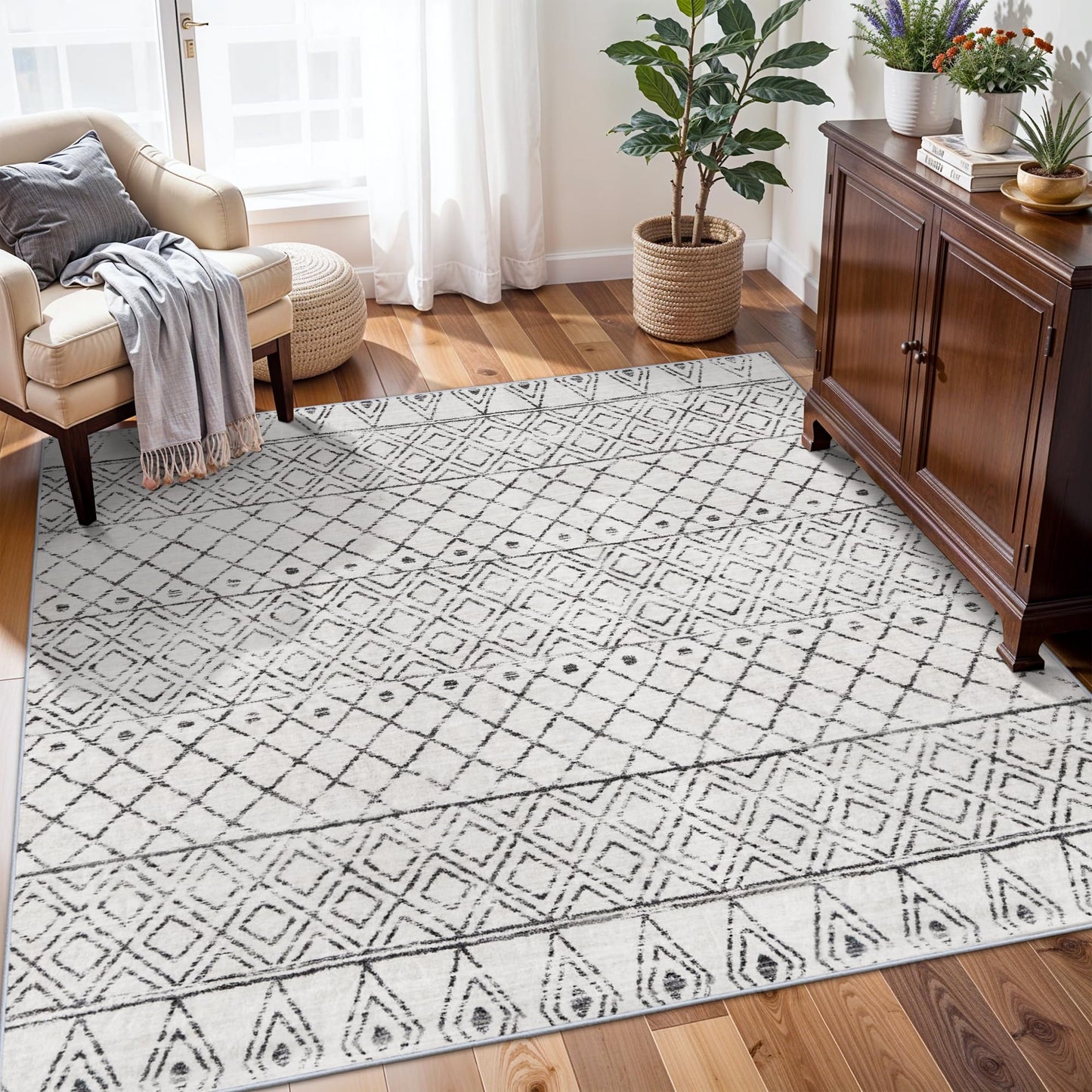 BYYVOO Washable 5x5 Rug Square Moroccan: Non-Slip Soft Indoor Throw Large Carpet - Low Pile Farmhouse Floor Mat for Living Room Bedroom Dining Room - Rugs for Young Families Home 5x5 Geo Grey