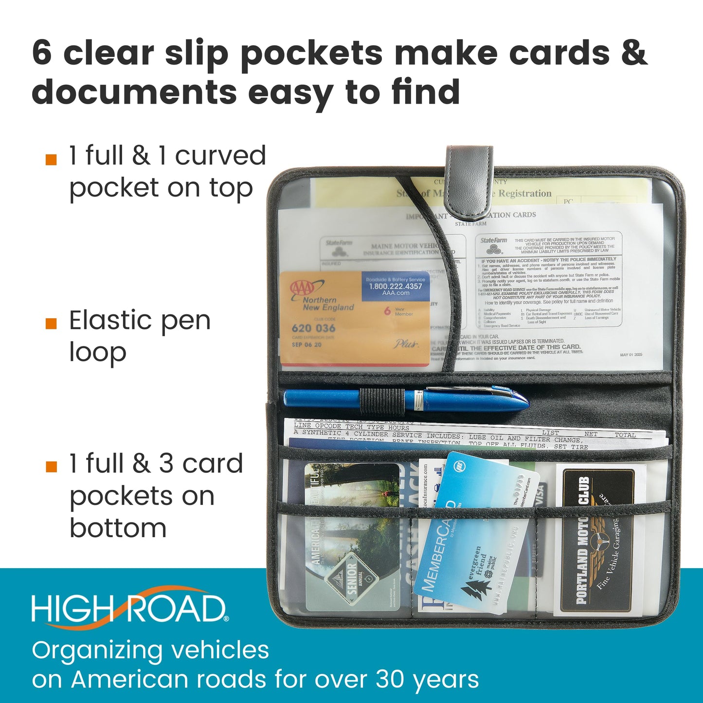 High Road Car Document Holder - Registration and Insurance Card Holder and Car Visor Organizer with 6 Clear Pockets and Pen Loop for Driving Documents, Cards and Paperwork