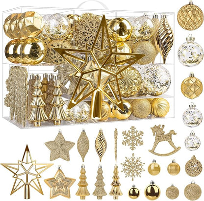 SHareconn 100pcs Christmas Tree Decorations Ornaments Set, Shatterproof Plastic Baubles Decorative Balls for Xmas Tree Decor Holiday Wedding Party, Gold