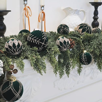 3.15INCH Green Velvet Ornaments for Christmas Tree, 12PCS Glitter Flocked Christmas Ornaments Decorations Balls Set Decor