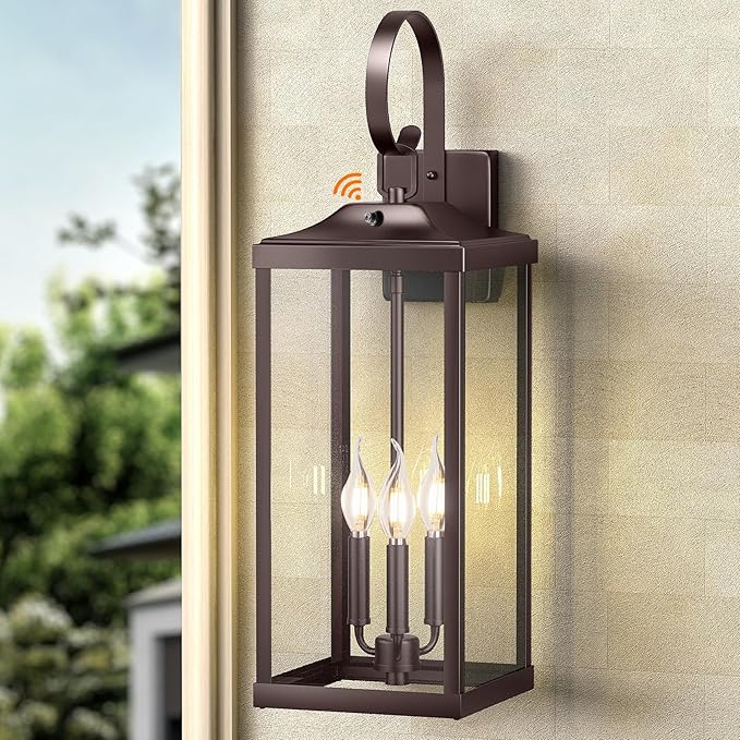24" Extra Large Dusk to Dawn Outdoor Wall Light, Oil Rubbed Bronze 3-Light Waterproof Exterior Wall Mount Porch Lantern, Modern Outside Wall Sconce Coach Light Brown, E12, 1-Pack