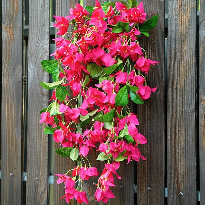 2PCS Bougainvillea Artificial Hanging Flowers Plants for Outdoors Outside Fall Decoration, Faux Silk Flowers Fake Vines UV Resistant Look Real Realistic for Front Door Porch Planter Balcony, Hotpink