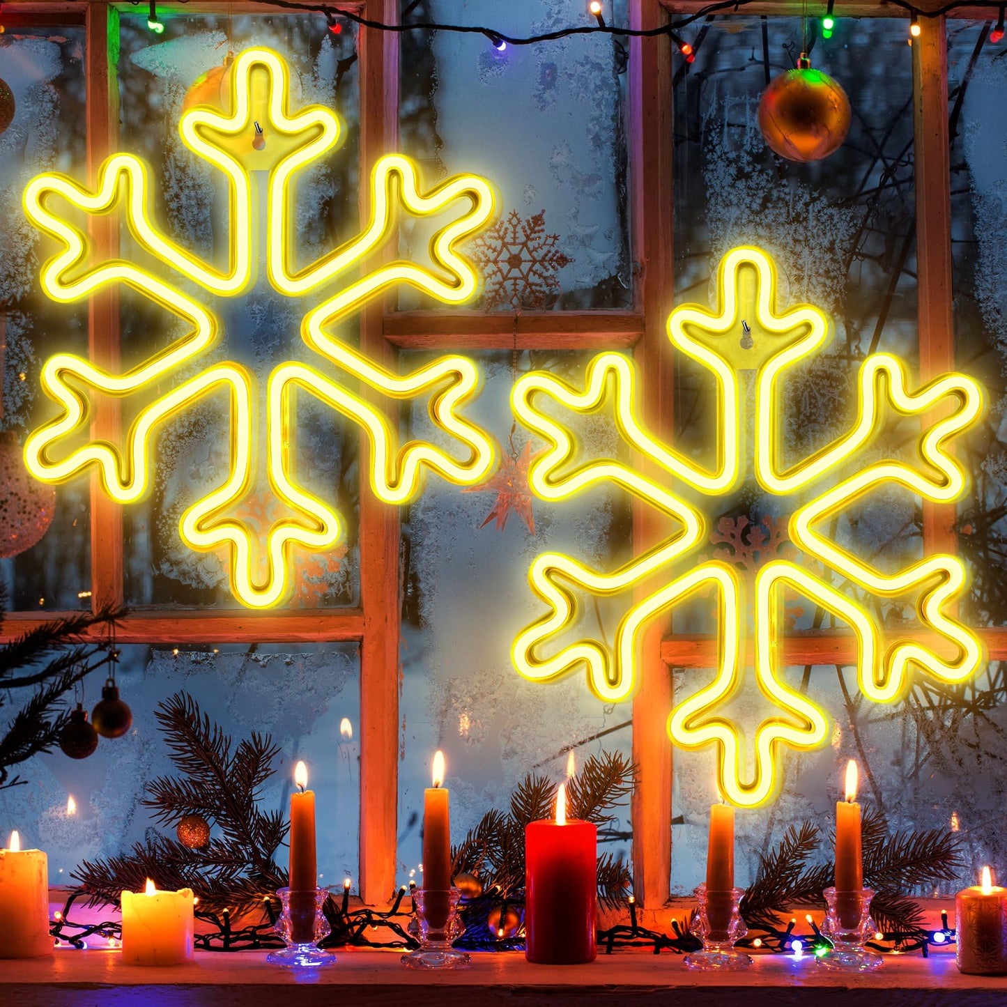 Enhon Christmas Neon Snowflake Light, 12 Inch Giant Snowflake Lights, Battery and USB Powered Christmas Curtain Neon Sign with Timer for Xmas Party Decoration(Warm White,2 Pack)