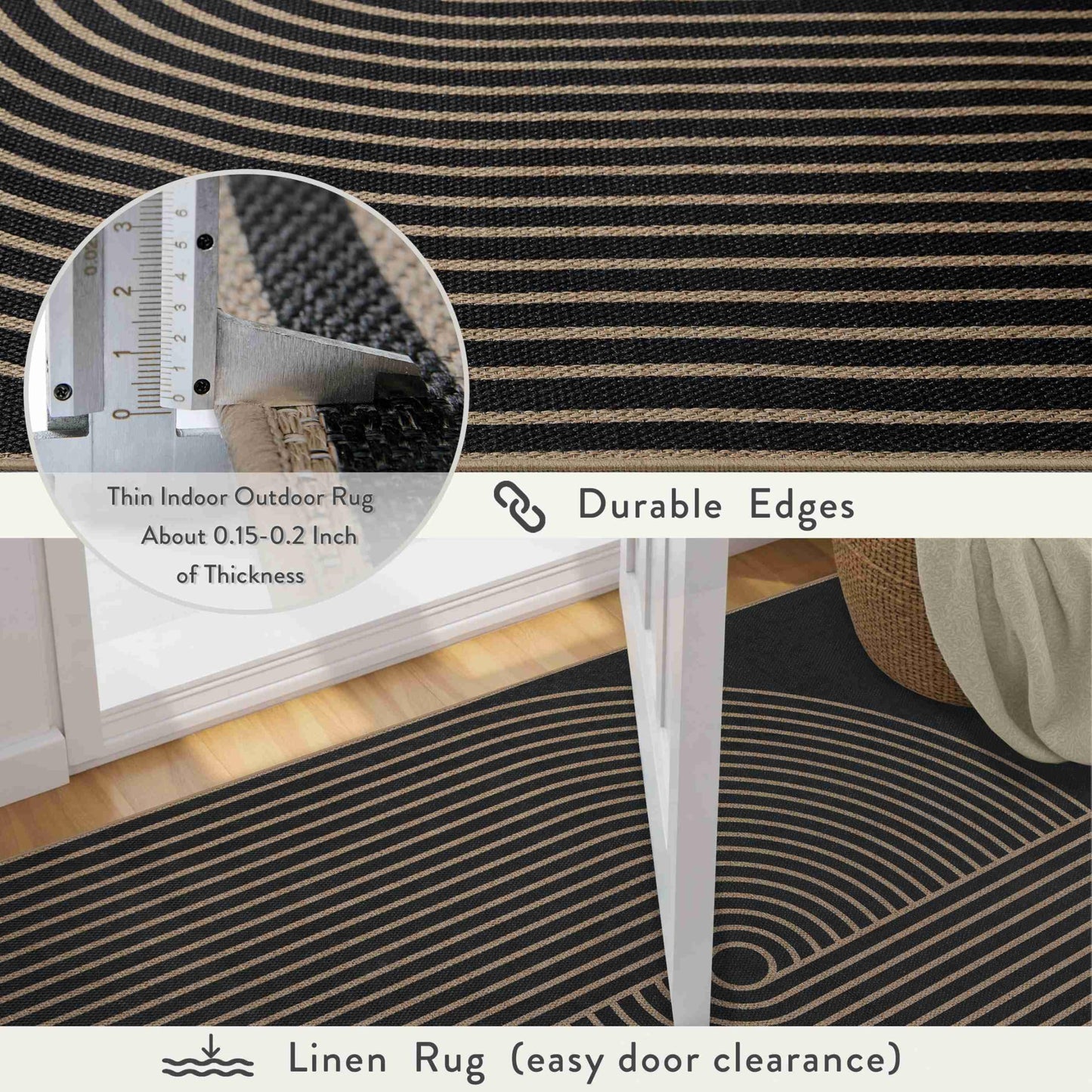 Latte&Fog Easy Jute 4x6 Outdoor Rug, Washable Linen Textured Durable Patio Rug, Non Slip Natural Indoor Carpet for Patio, Balcony, Porch, Courtyard, Deck, Bedroom, Backyard - Black/Brown 4'x6'