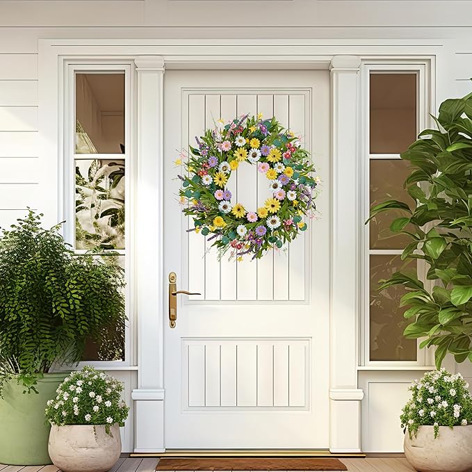 Spring Wreath 22 Inch Artificial Summer Wreath with Yellow Daisy Flowers Green Eucalyptus Leaves Lavender Spring Wreaths for Front Door Home Farmhouse Porch Wall Easter Festival