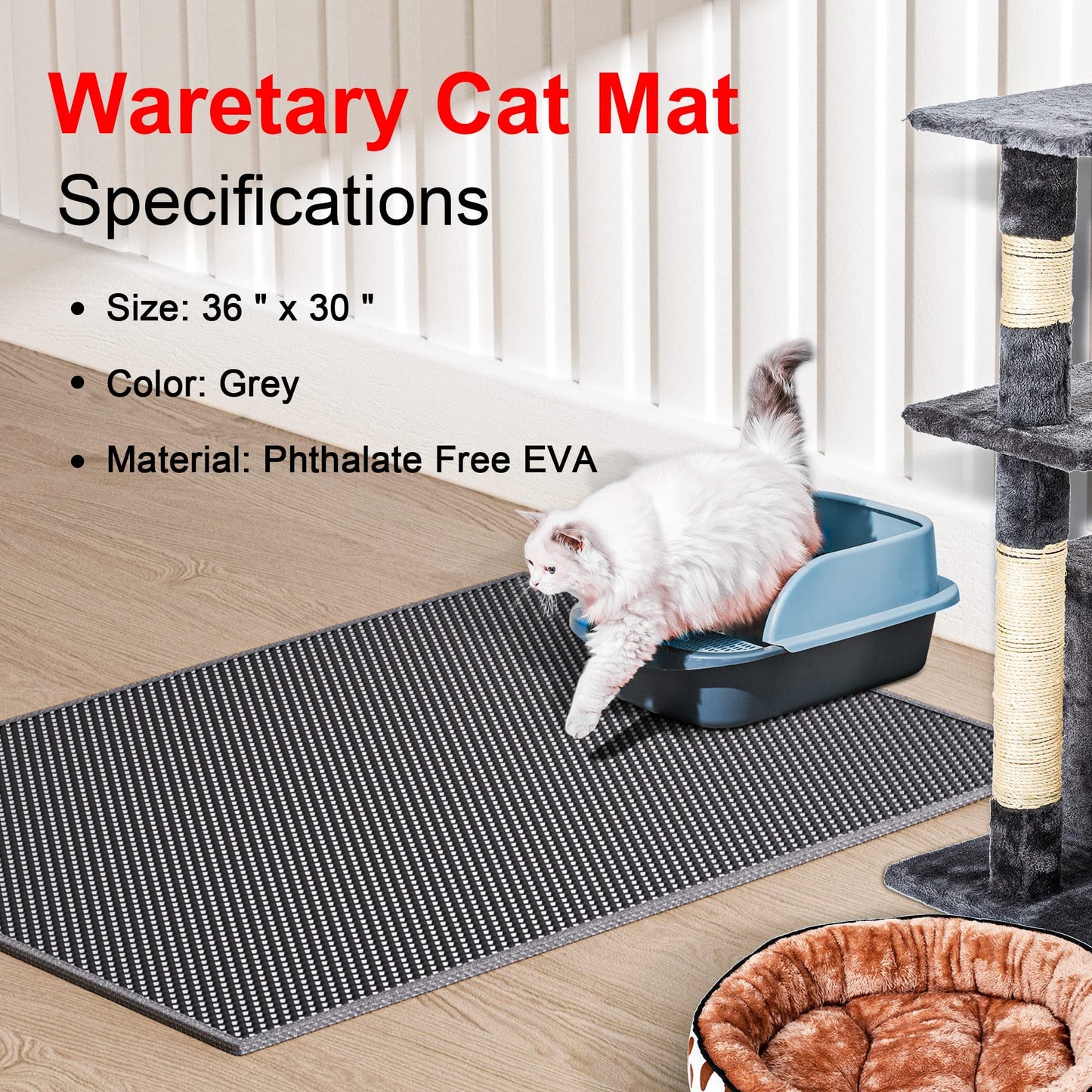 Waretary Cat Litter Box Mat: 36"x 30" Waterproof Kitty Cat Litter Trapping Mat, Easy-clean Double-layer Scatter Control Pad Rug (Grey)