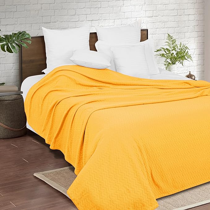 BELIZZI HOME 100% Cotton Bed Blanket, Breathable Thermal Blanket Full -Queen Size, Soft Chevron 90 inch x90 , Perfect for Layering Any All Season, Mustard Yellow