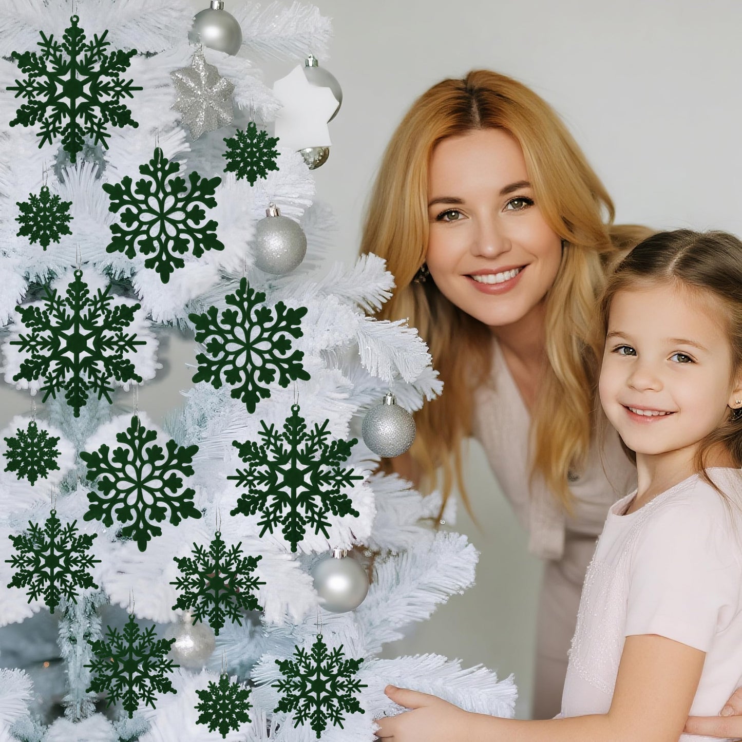 36pcs Dark Green Flocked Christmas Snowflake Ornaments, Hanging Velvet Snow Flakes for Christmas Tree Decorations Winter Wonderland Frozen Birthday Party Holiday Home Decor Craft Snowflakes