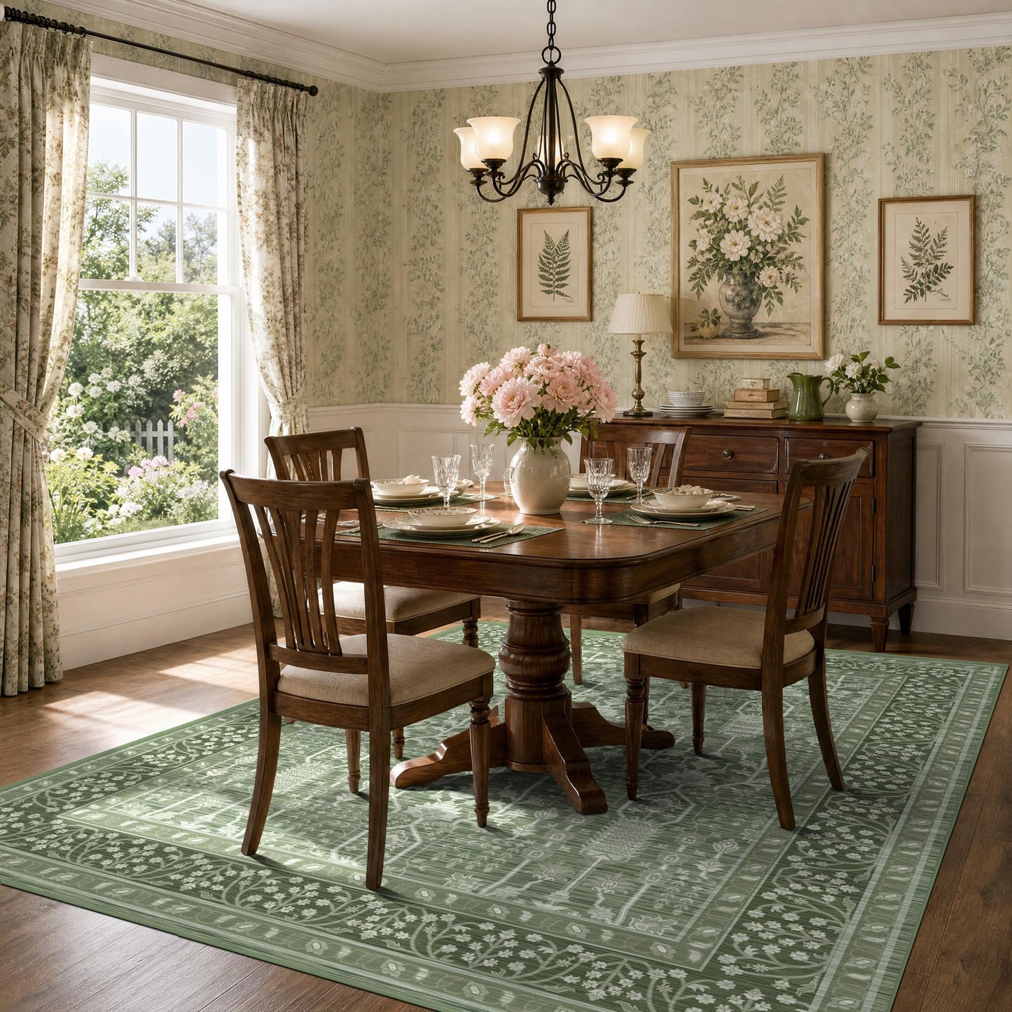 Deerly 5x7 Thin Area Rugs Living Room, Low Pile Soft Rugs with Non-Slip Backing Machine Washable Vinatge Boho Carpet for Bedroom Playroom Nurseryroom, Kid & Pet Friendly Print Floor Green Rug 5x7ft