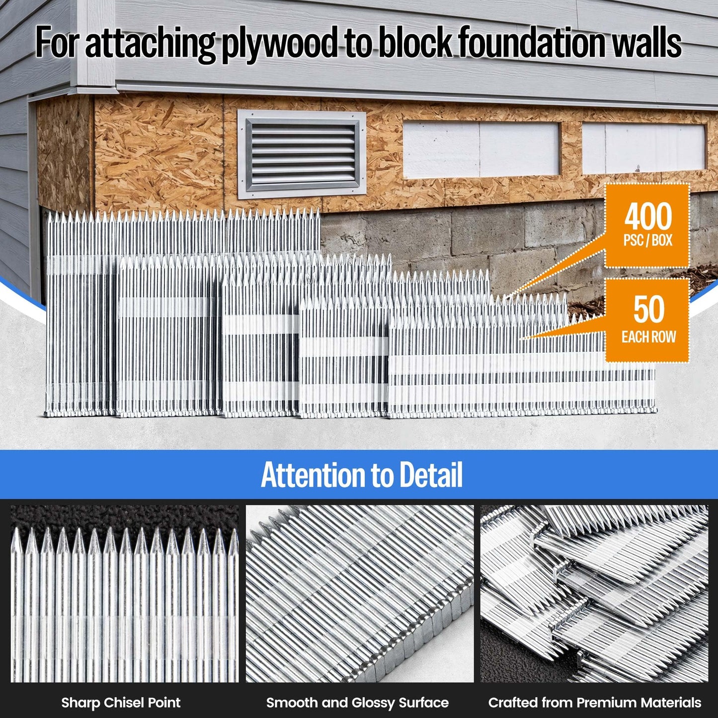 meite 14 Gauge Concrete Nails 2 Inch Leg T-Nails for Concrete Nailer Gun, Galvanized Glue-collated Steel T Nails for Furring Strips Decking Truss Building, 400PCS/Box