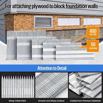 meite 14 Gauge Concrete Nails 2 Inch Leg T-Nails for Concrete Nailer Gun, Galvanized Glue-collated Steel T Nails for Furring Strips Decking Truss Building, 400PCS/Box