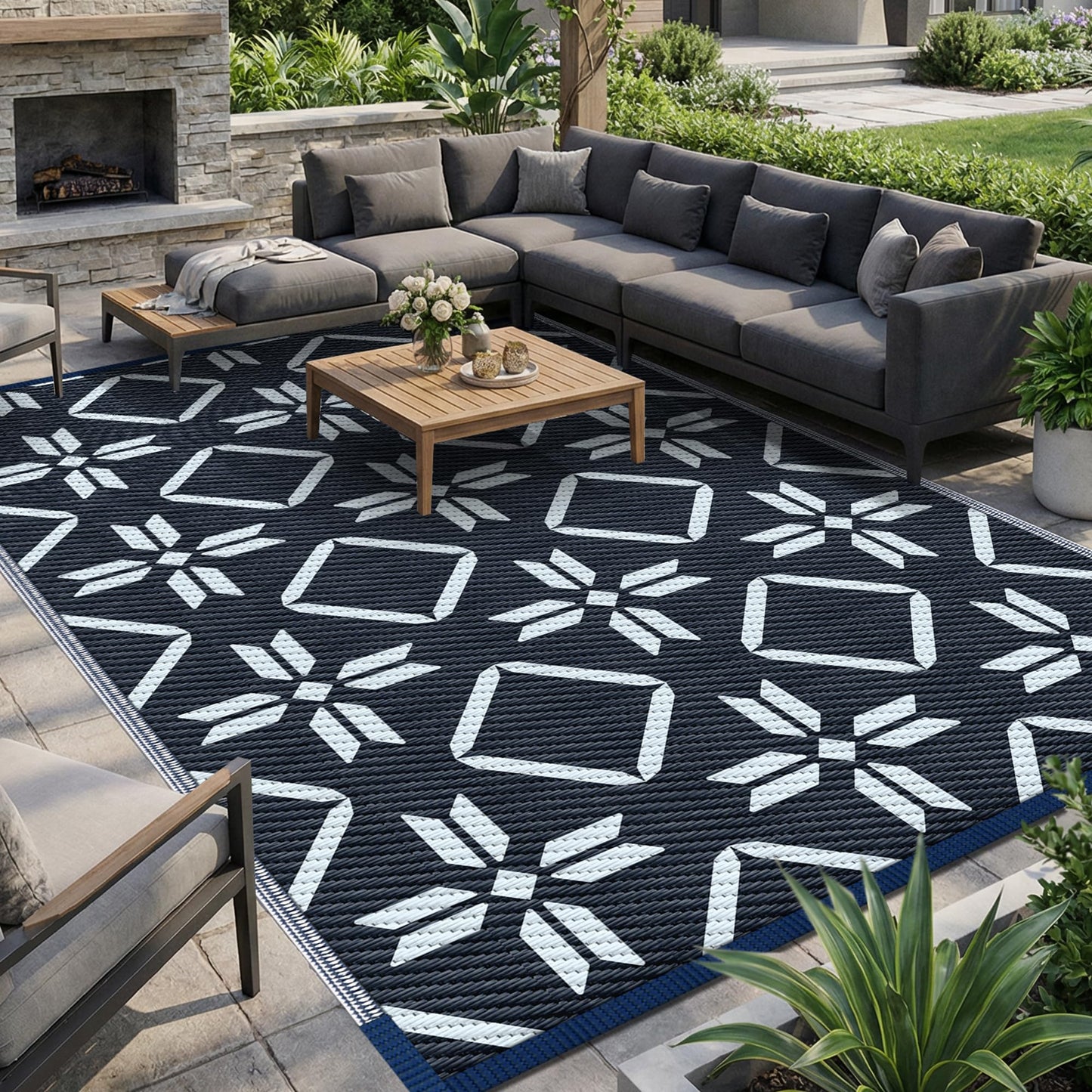 Kohree Outdoor Rug Waterproof 9x12, Reversible RV Outdoor Plastic Straw Rug Patio Mat, Non-Slip Easy Cleaning RV Carpet for Patio Camping Deck Picnic, Backyard, Includes Carry Bag (Blue)
