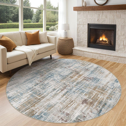 UERMEI 6ft Round Area Rug for Living Room: 6x6 Washable Neutral Abstract Modern Soft Circle Rugs Non Slip Indoor Floor Stain Resistant Carpet for Bedroom Dining Room Office Nursery Blue Brown