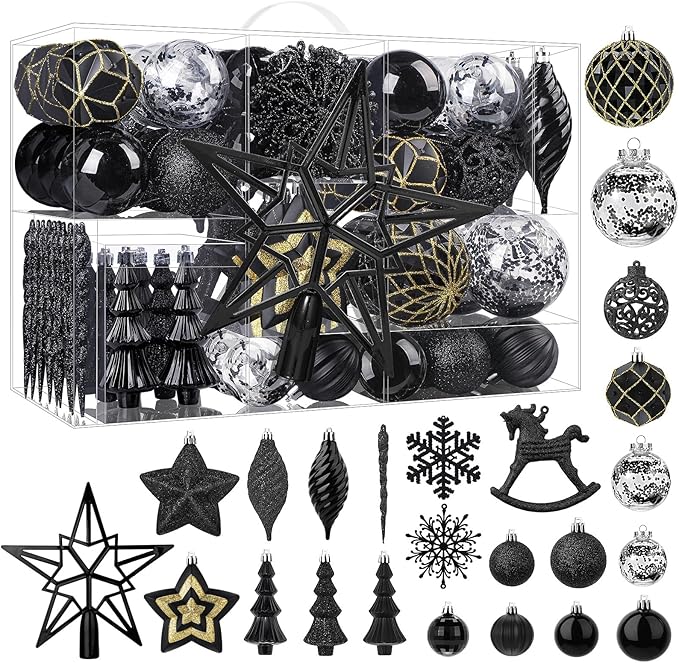 SHareconn 100pcs Christmas Tree Decorations Ornaments Set, Shatterproof Plastic Baubles Decorative Balls for Xmas Tree Decor Holiday Wedding Party, Black