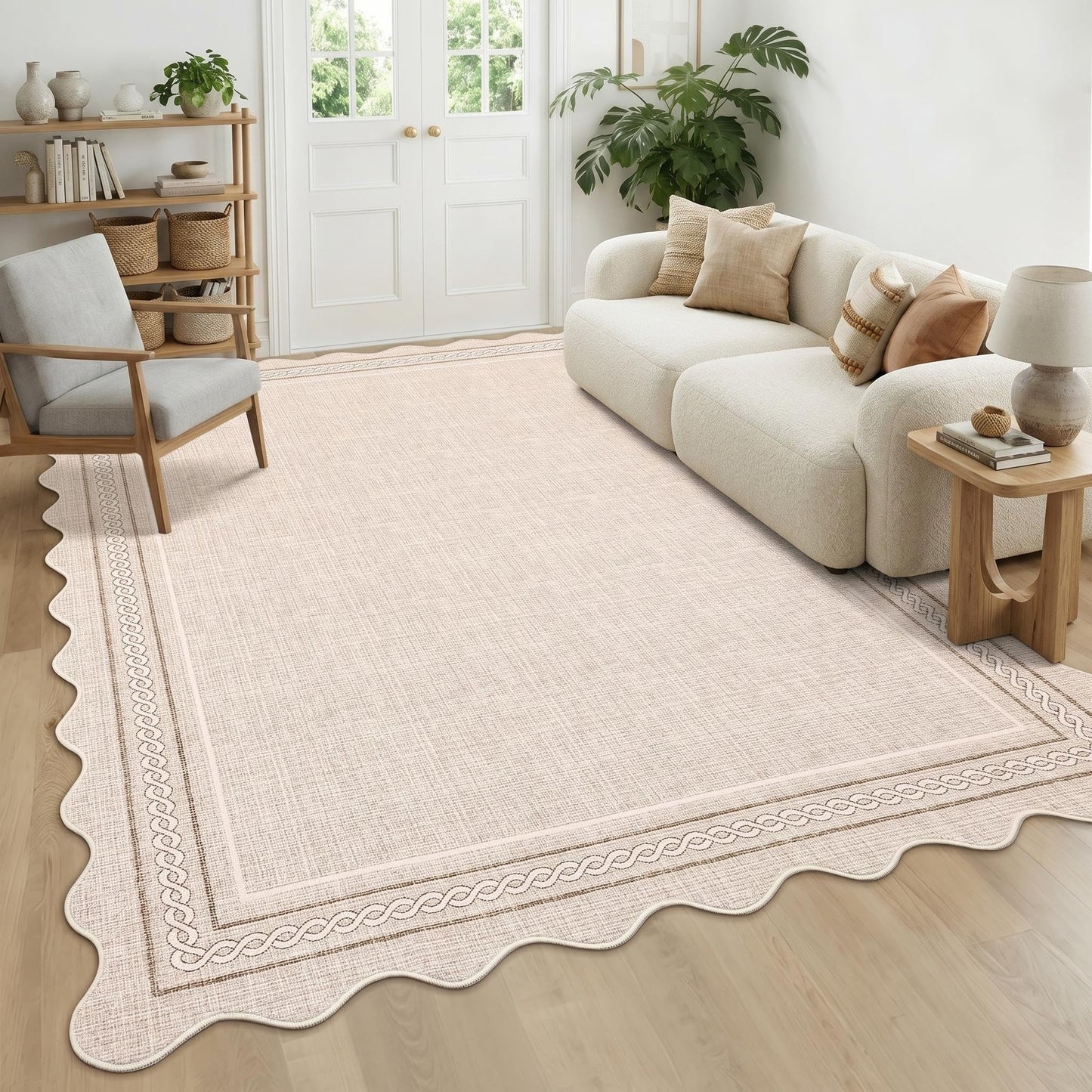 Garvee Scalloped Washable Rugs 10x14 Rug for Living Room Bedroom Rug Modern Large Area Rug Non Slip Throw Rugs Soft Low Pile Stain Resistant Carpet for Dorm Dining Room Dorm, 10'x14' Beige