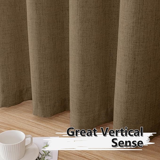 Tollpiz Short Linen Curtain Living Room Rod Pocket Semi Sheer Curtains Burlap Light Filtering Thick Linen Drape for Bedroom, 54 x 45 inches Long, Brown, Set of 2 Panels