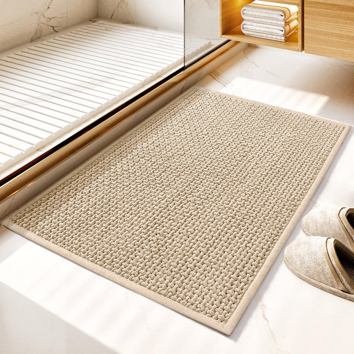GRANNY SAYS Beige Bathroom Rugs, Absorbent Bath Mats for Bathroom, 24" x 16", Soft Chenille Bathroom Mat, Small Bath Rugs Non Slip Washable, Quick Dry, Thin, Rug for Tub and Shower