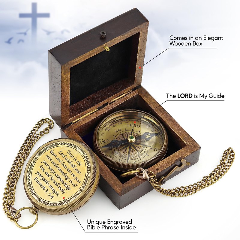 God is My Guide Brass Compass Gift with Display Box - Engraved Scripture Prayer Compass Religious Gift for Men & Women - Baptism, Confirmation, Communion Compass for Boys Graduation Gift (Aged Brass)