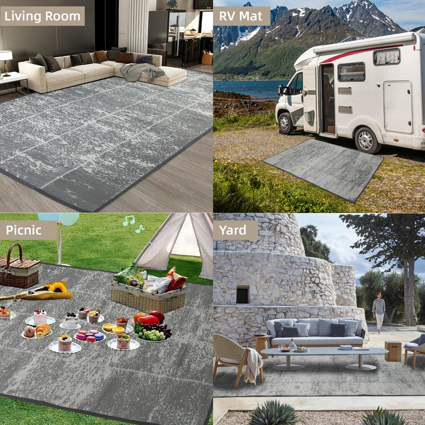 5'x 8' Outdoor Rug,Waterproof Reversible Patio Rugs,5x8 ft Plastic Straw Outdoor Carpet Foldable Plastic Camping Mat for Outside RV, Patio,Picnic,Camper,Balcony,Porch(5 x 8,Deep Gray)